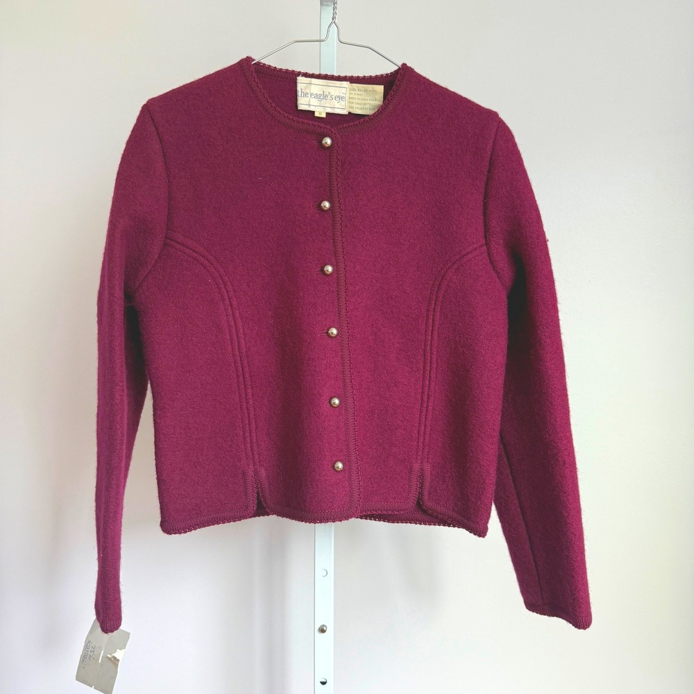 The Eagle's Eye Vintage Womens Boiled Wool Cardigan Sweater Burgundy Size 8 NWT